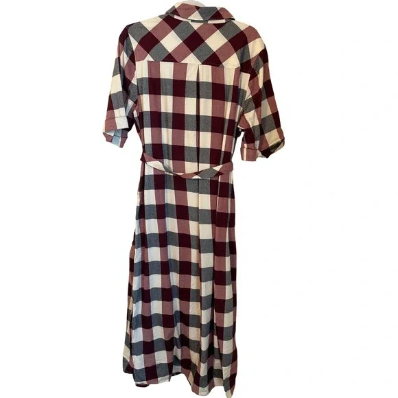 Faherty Size L Burgundy Plaid Flannel Button Down Belted Midi Shirt Dress - Picture 2 of 8
